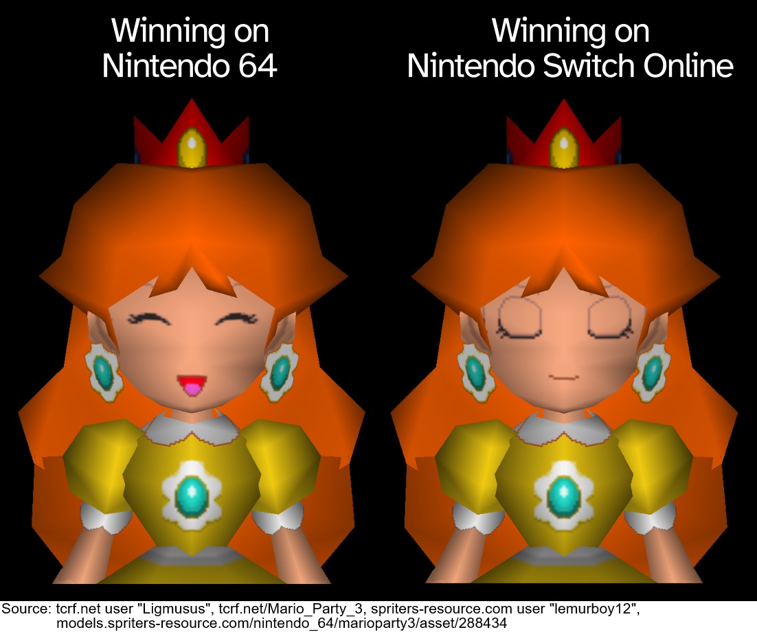 MarioBrothBlog's tweet photo. In the Nintendo Switch Online version of Mario Party 3, Daisy's happy winning expression was changed to a more serene/confident one. This is the only expression that was changed. It is unknown if this is a glitch or if the developers believed it to better express her personality. https://t.co/ZGlQMbX2y7