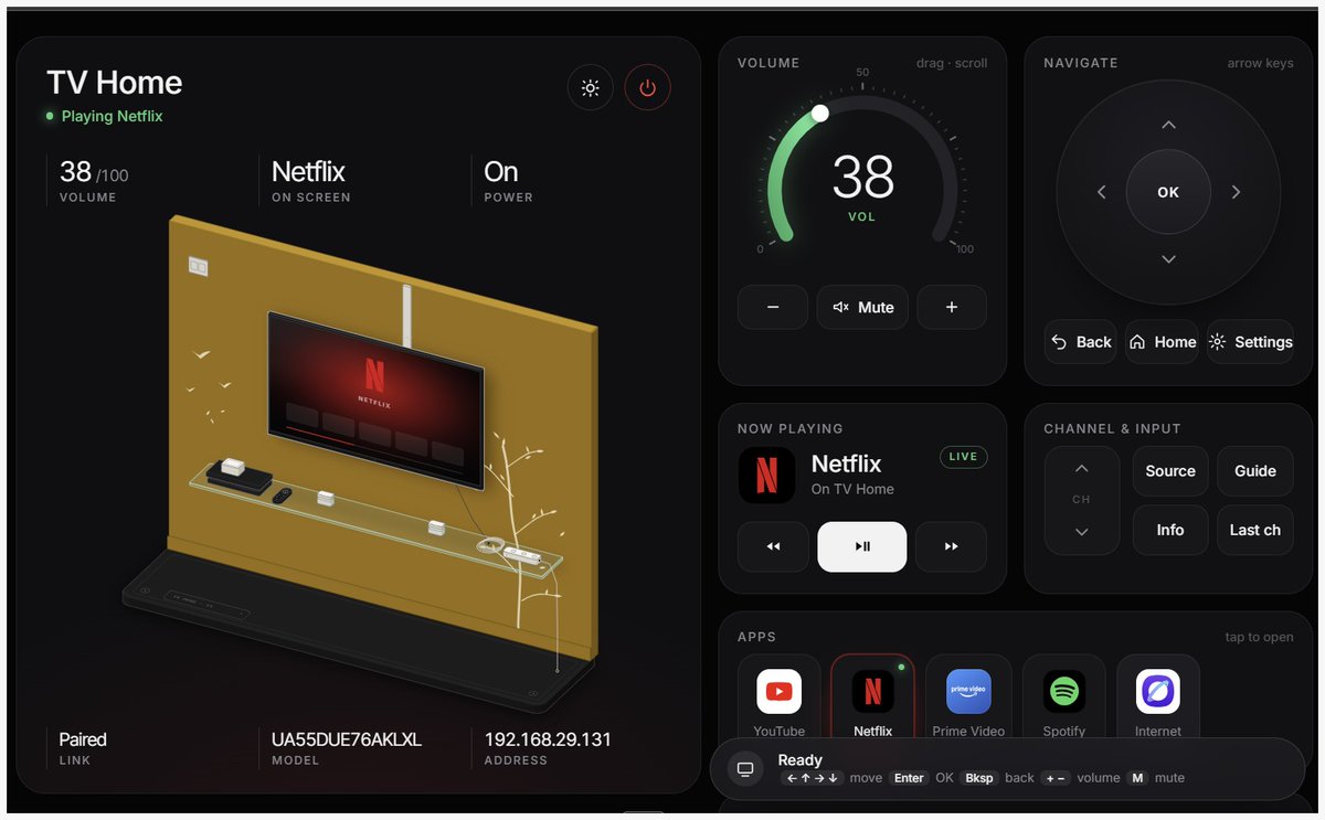 dg_aswin's tweet photo. Built my own web remote for my Samsung TV with Claude. Used the REA skill (https://t.co/WsIN94IpXe) to reverse engineer the TV protocol and the Anatomy skill (https://t.co/1FdLtAxNdT) for the isometric UI. Handles volume, channels, apps. What would you build with these? https://t.co/dVMNTwW99B