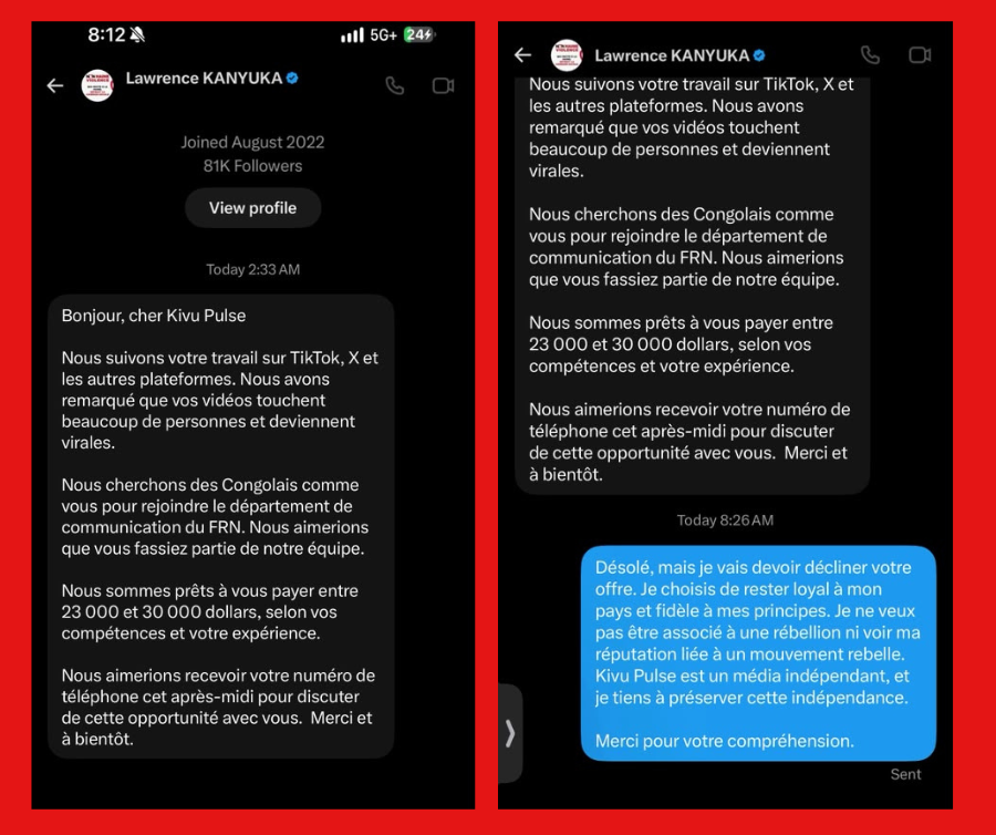 amluzayamo's tweet photo. URGENT 🚨🚨🚨 LAWRENCE KANYUKA PROPOSE JUSQU’À 30 000 $ À KIVU-PULSE

@LawrenceKanyuka a contacté @kivupulse1 pour lui proposer entre 23 000 et 30 000 $ dans le but de rejoindre leur département de communication du FRN/M23/RDF.

🟨🟥🟦 Il lui a promis une rémunération selon ses compétences et son expérience, et lui a demandé son numéro de téléphone pour discuter.

Mais Kivu Pulse a refusé cette proposition, affirmant qu’il préfère rester loyal à son pays et fidèle à ses principes.

@Raissabulela1, tu vois ce que tu disais hier?

⭐️⭐️⭐️⭐️⭐️⭐️--------
➡️➡️➡️ CEUX D’ENSEMBLE ONT PROPOSÉ 50 000 $ À UN MUNYAMULENGE POUR QU’IL CHANGE DE POSITION

Un membre d’Ensemble aurait également contacté un Munyamulenge qui organise des Spaces pour lui proposer 50 000 $ afin de travailler pour le FRN/M23/RDF. 

🟨🟥🟦 Une personne nous a également soufflé que Nyirongama avait reçu de l’argent.

Plusieurs jeunes sur TikTok, Facebook et Twitter sont aussi approchés avec des propositions financières.

Savez-vous que @LawrenceKanyuka ne sait peut-être pas que Kivu Pulse est l’un des enfants soldats que le M23 avait arrachés à sa mère en 2012 pour l’enrôler de forces ?

Il doit comprendre pourquoi certaines victimes de cette rébellion portent encore une profonde colère contre ce mouvement.

⭐️⭐️⭐️⭐️⭐️⭐️--------
➡️➡️➡️ NE JAMAIS TRAHIR LE CONGO ! 🇨🇩

🟨🟥🟦 L’argent n’achètera jamais notre patriotisme ! Plusieurs jeunes sont achetés  sur les réseaux sociaux...

@PatrickMuyaya @AndyBemba @Alix_rdc @afrikarabia @BenitaNtumba @DadanSauveur @DieuWedi1 @2LaRepublique @Erwan_reverend @Alix_rdc @TazamaRDC_Infos @congotask @VoiceOfCongo @TazamaRDC_Infos @yimulenge @lutumba_rex @yngandu @TheLegalMwaki @kamba82 @kakese_leon @SergeKanyinda13 @kivupulse1 @kazadi_peter @NoelKTshiani @Iameboh @VoiceOfCongo @TazamaRDC_Infos @RevColeman @ChrisNyamabo @ChristosMuk @lusakuenoc @fannytshhis @christinatshis @HarianaVeras @HervMukanya1 @HonoreMvula1 @hopevmwamba @HAGANA45 @JF_LE_DRIAN @bembajp @CivuadiKalanga @JeanetteZ21809 @congotask @Binza_Oz @Nyamuhombeza @SnegviLuang12