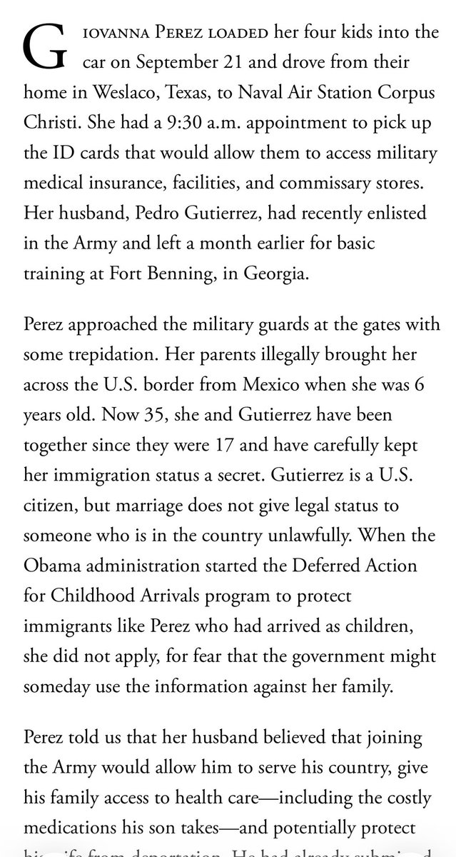 RichardHanania's tweet photo. An American citizen joins the military.

He tries to enroll his wife, who is undocumented and came to America when she was six, in a program that allows close relatives of service members to stay. 

The wife shows up to join the program with her four kids, and is arrested by ICE.

This is why elections matter. We are ruled by cruel, sadistic people.