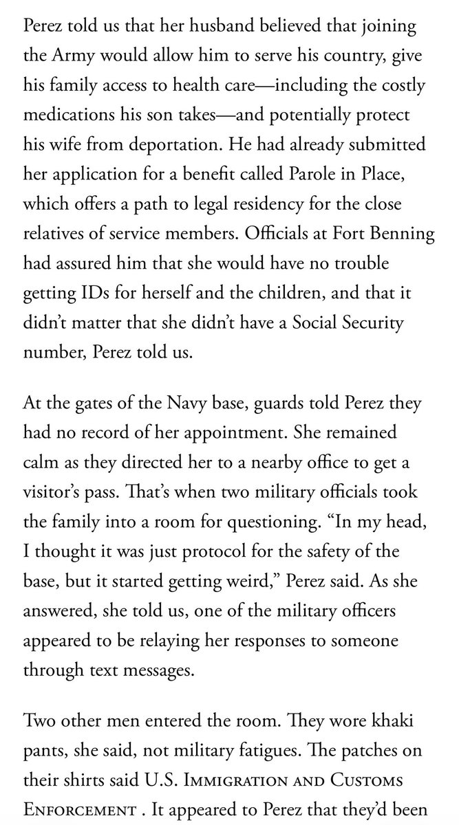 RichardHanania's tweet photo. An American citizen joins the military.

He tries to enroll his wife, who is undocumented and came to America when she was six, in a program that allows close relatives of service members to stay. 

The wife shows up to join the program with her four kids, and is arrested by ICE.

This is why elections matter. We are ruled by cruel, sadistic people.