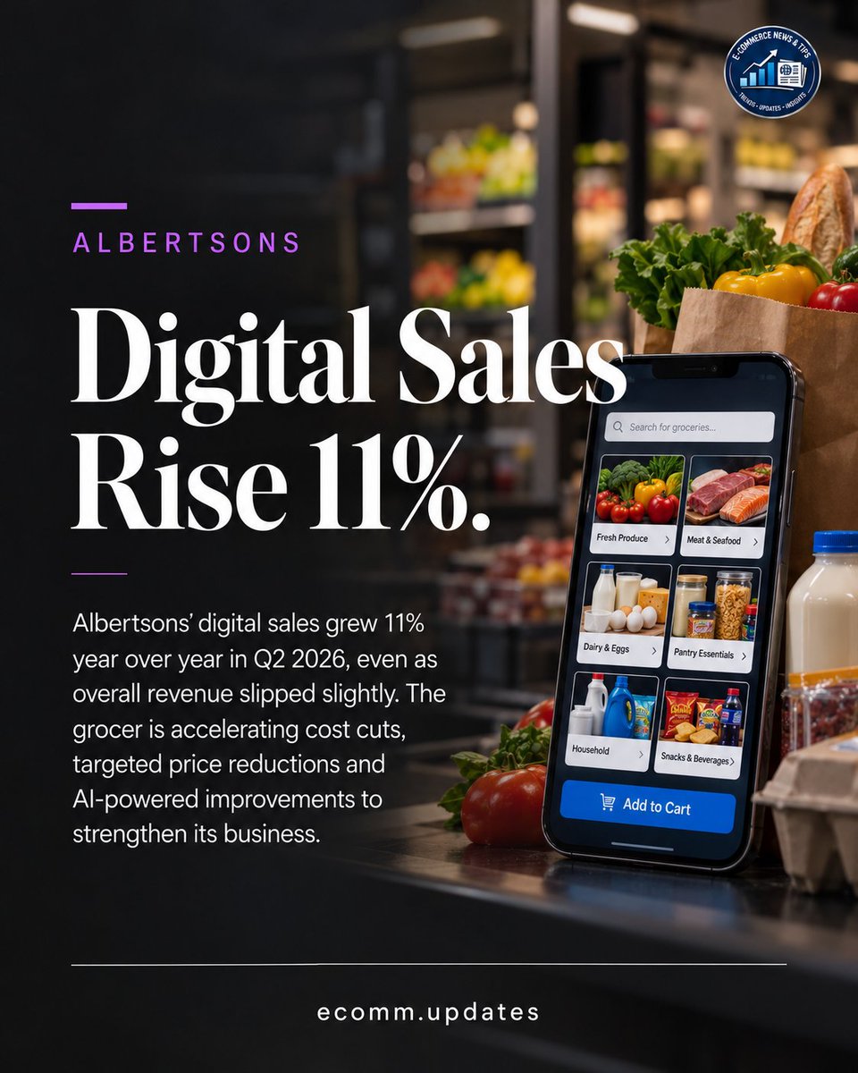 Ecom__merce's tweet photo. Online grocery shopping is growing fast! 🚀 Albertsons is doubling down on digital innovation to drive growth.

#EcommerceNews #DigitalCommerce #RetailInnovation #AI #BusinessGrowth https://t.co/zvrMsoiP2f