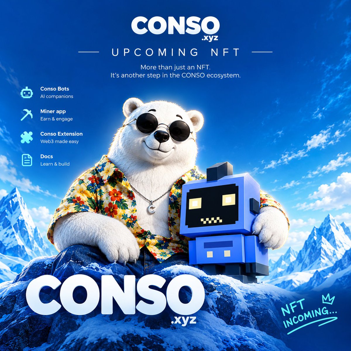 PixxNot's tweet photo. CONSO is the Next-Gen Consumer Reputation Layer that transforms your cross-platform digital activity into verifiable, user-owned identity.

What excites me about @conso_xyz  isn’t just the upcoming NFT, but the ecosystem growing around it.

With Conso Bots, the Miner app, and the Conso Extension, I see a project working to give its community more ways to participate in Web3.

I’m especially curious about how the upcoming NFT will fit into this journey. 

For me, the real value is what CONSO builds around its community, not just the NFT itself.

 #CONSO #NFT