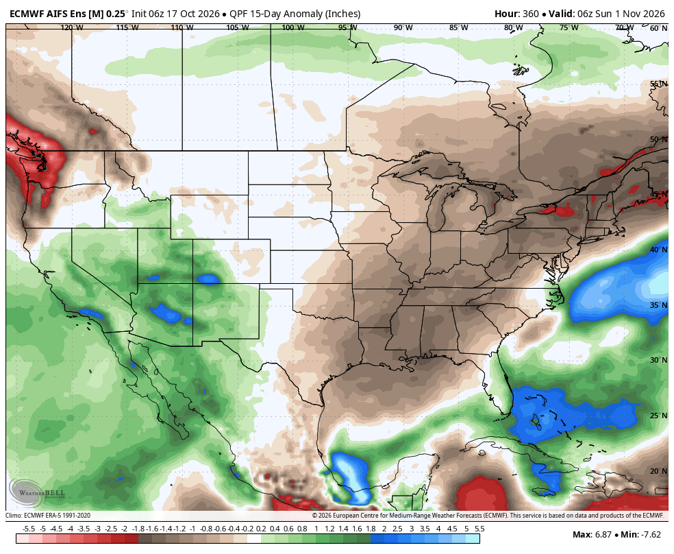WasatchSnow's tweet photo. The forecasted precipitation anomalies for the next 15 days are very El Niño-like across the West. Coincidence? Or a harbinger of what's to come this winter...? I guess we will find out. https://t.co/nJDhpa91ot