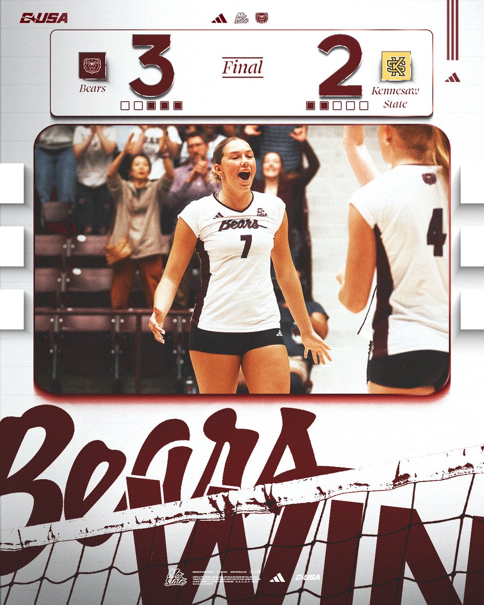 MoStateVB's tweet photo. Bears WIN‼️

Mo State tops Kennesaw State in five sets for its first reverse sweep on the road since 2021 and a fourth straight victory.

#GoBears | #NoStateLikeMoState https://t.co/x3HmIJ2v3o