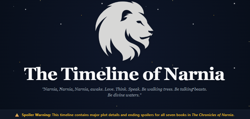 GeoffdBarrett's tweet photo. If you're excited about the upcoming Narnia movie, make sure you brush up on your timeline history. https://t.co/BJzIft3X9l

Avoid if you don't want any story spoilers! https://t.co/B9azaeVTbZ