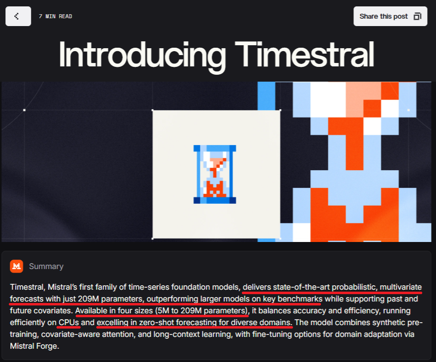 Mistral 发布 Timestral：CPU 上 140ms 跑时序预测