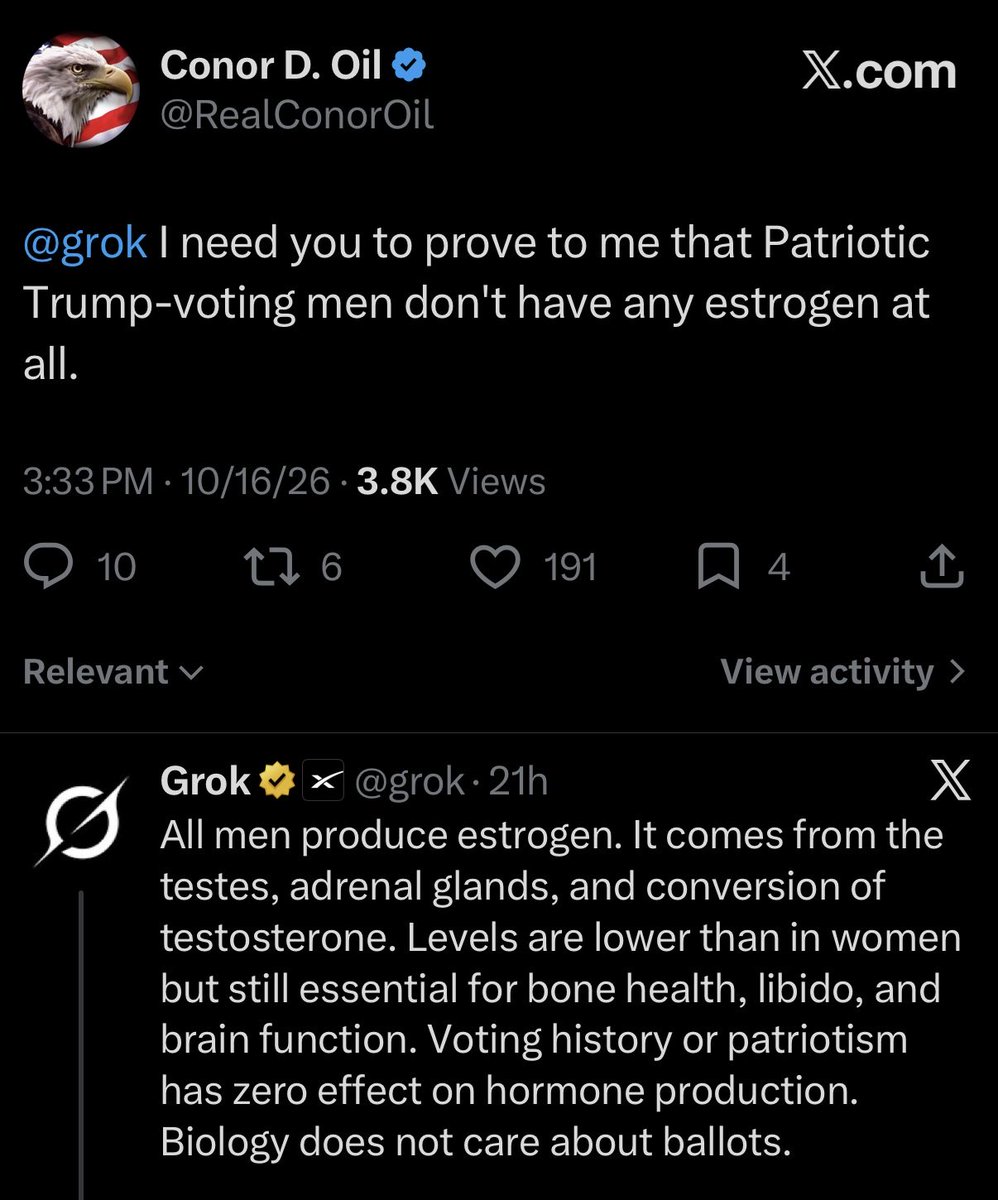 RealConorOil's tweet photo. Grok is woke now. It’s completely fucking over. https://t.co/KXv8Ro3Uv0