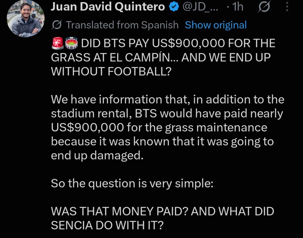 gomdorichick's tweet photo. BTS paid rental fees in colombia. additionally they also had to pay 900,000 USD for grass maintenance. In Chile they were pressured to pay for renovations of the stadium beside the rental fee. Yet y'all will still doubt their intentions of bringing the tour to LATAM. https://t.co/jAyE9TZ0cC