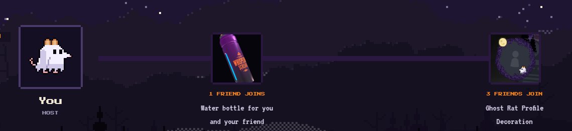 VRChat's tweet photo. Don't go to camp alone 🔪

Claim your invite link at https://t.co/nZB928tlCJ and send it to friends. 

Anyone *new to VRChat* who joins through it and adds you as a friend counts.

🌊Bring 1 new friend - you and friend will get the Thirst Killer (water bottle) accessory

👻Bring 3+ friends - you'll get the exclusive Ghost Rat Profile Decoration