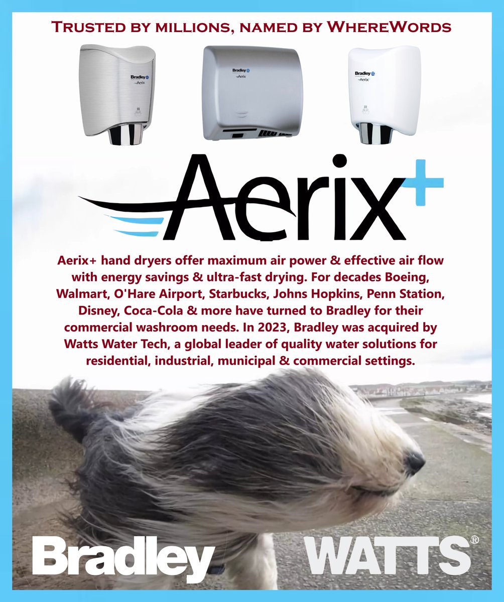 WhereWords's tweet photo. Rub-a-dub-dub! Industrial & commercial lavatories were once abominable wetscapes, strewn with wretched paper towels. This line of hand dryers from @BradleyCorp (now part of @WattsWater Technologies) solves both problems at once with a powerful-yet-efficient air-exchange system, #sowenamedit #Aerix. “Trusted by millions, named by #WhereWords.” @johnsubie @jillrickergadsb @ishares @BlackRock  @Vanguard_Group @jrotenb @JohnHancockUSA @FTportfolios @TSReckley @StateStreetETFs @StateStreet @YieHsin @Virtus #naming #branding #WattsWater (@WhereWords is an MFI company, Manufacturers of Fine Ideas. This was name job #288 from 2008) #rebranding #renaming #NAMEMAN #stevethenamer #WhereWords #HowItsNamed