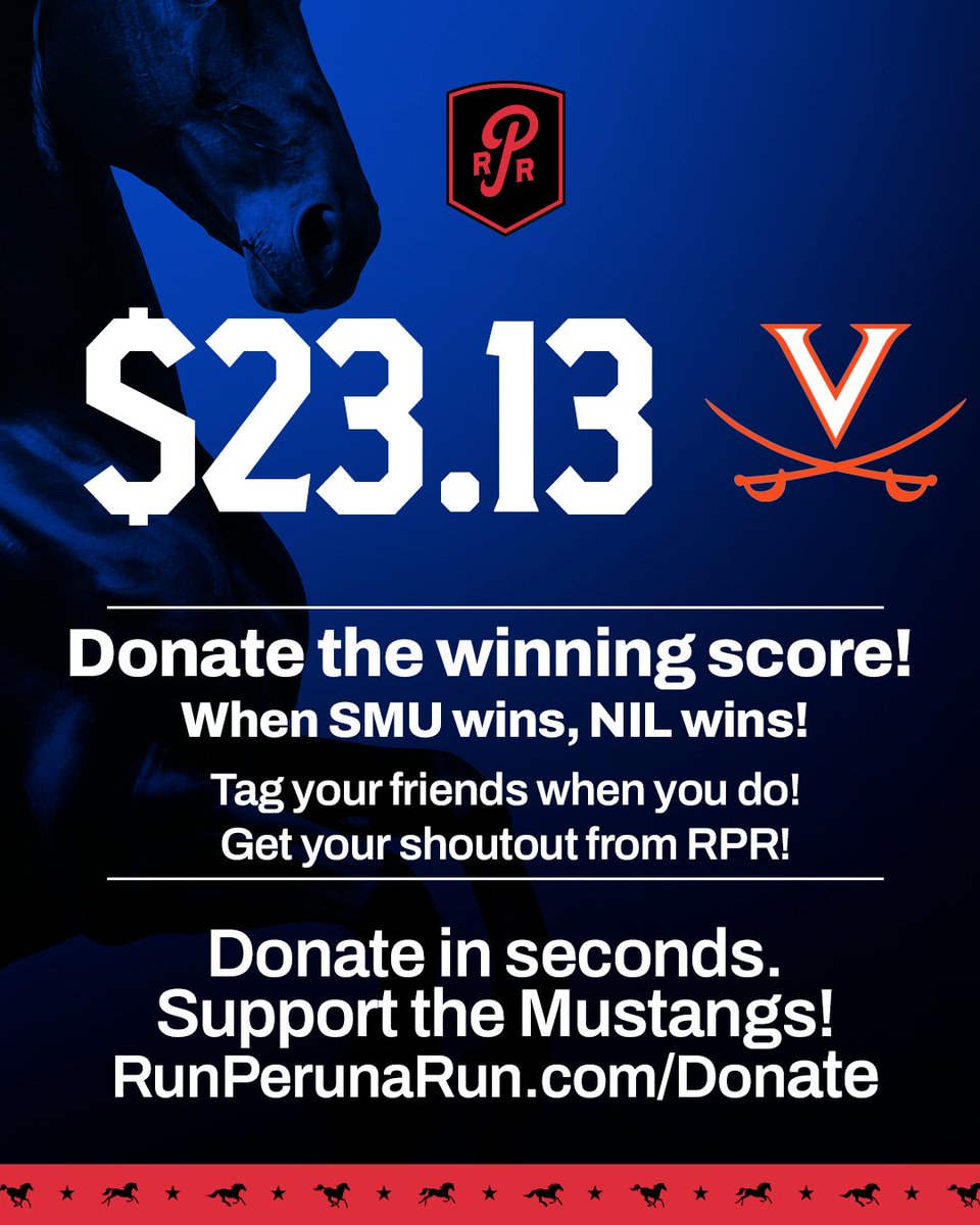 RunPerunaRun's tweet photo. The Mustangs grabbed their 3rd straight win with Saturday's W over UVA!

Join Run Peruna Run in celebrating with a Final Score donation of $23.13.

Visit https://t.co/80qL8kpDeQ to make your contribution! https://t.co/YQe6DNeZ5d
