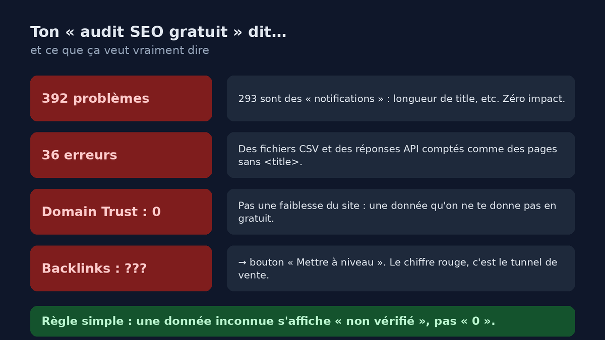 Dev_Shivan's tweet photo. Un outil SEO connu a audité https://t.co/PTpMiRflW7 : 392 problèmes, Domain Trust 0, backlinks « à payer ». Vérifié : 293 notifs sans impact, des CSV comptés en pages, et le 0 = « paie pour voir ». Trompeur, pas un bug 🧐 Avant de paniquer ou sortir la CB : vérifie. #SEO #SEOFR https://t.co/aIJykYaMQv