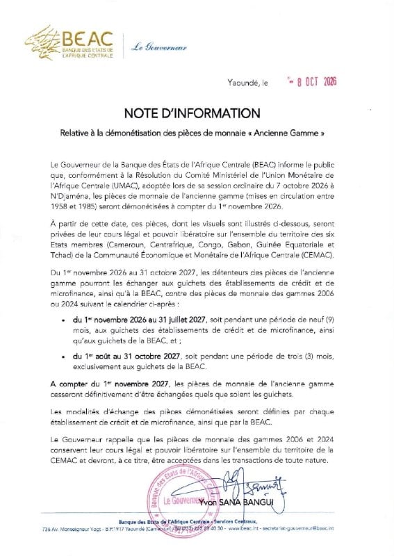 xQuorumz's tweet photo. CEMAC to demonetize old currency range starting November 2026

The decision affects six countries in the Central African Economic and Monetary Community, with the old coins losing legal tender status.
🇨🇲
https://t.co/TtPOt1VJWg https://t.co/T7qSV8vn9D