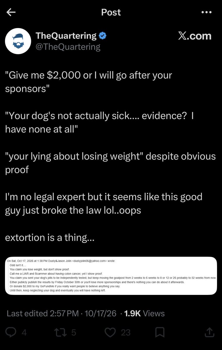 TheKinoGrove's tweet photo. . @TheQuartering gets actual useful advice in response to a email he received and he hides it.

It looks like he zoomed in on a single reply, so we don’t know the full context of the email. But something about the emailer having colon cancer and showing jer proof. Jer allegedly called this person a “LIAR”

It’s either a viewer who reached out for help, after jer publicly told for his audience to email him, and jer never actually helped this viewer.

Or 

It’s troll, and jer has a compulsion to respond and bicker back and forth.