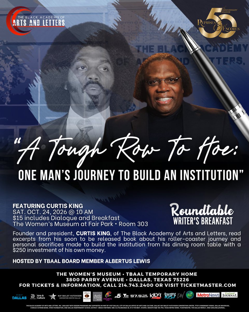 TBAAL's tweet photo. 🎭 For 50 years later. It’s time to hear his story.

Join us for the Roundtable Writers Breakfast, where breakfast is on us!

📅 Sat., Oct. 24, 2026
⏰ 10 AM
📍 The Women’s Museum at Fair Park

🎟️ 214.743.2400 or https://t.co/2lqYQas310 https://t.co/WChMyg5vdb