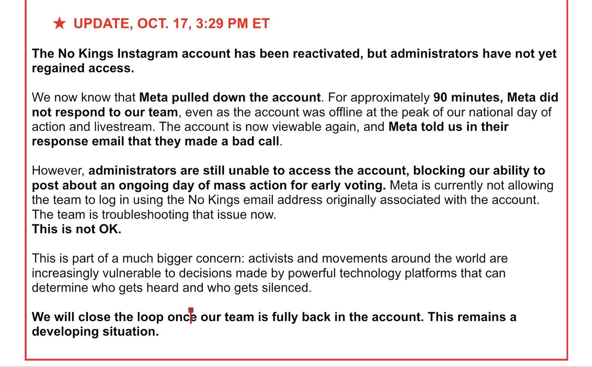 grantstern's tweet photo. Why did Mets suspend the official No Kings account on today’s day of mass action?

The account is back but still locked.

This is wrong.

#NoKings https://t.co/GePpXD0g9d