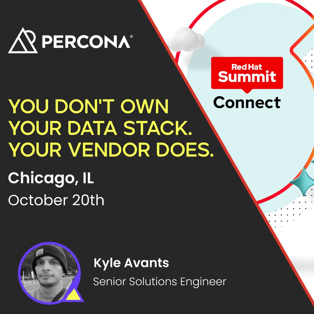 Percona's tweet photo. Chicago, almost time! 

👋 Percona joins @RedHat Summit: Connect on Oct. 20 to discuss licensing changes, lock-in, and owning your data stack.

https://t.co/g10aVIWNyp

#RedHatSummit #RedHatConnect #OpenSource #Databases https://t.co/7yEkmhl50S