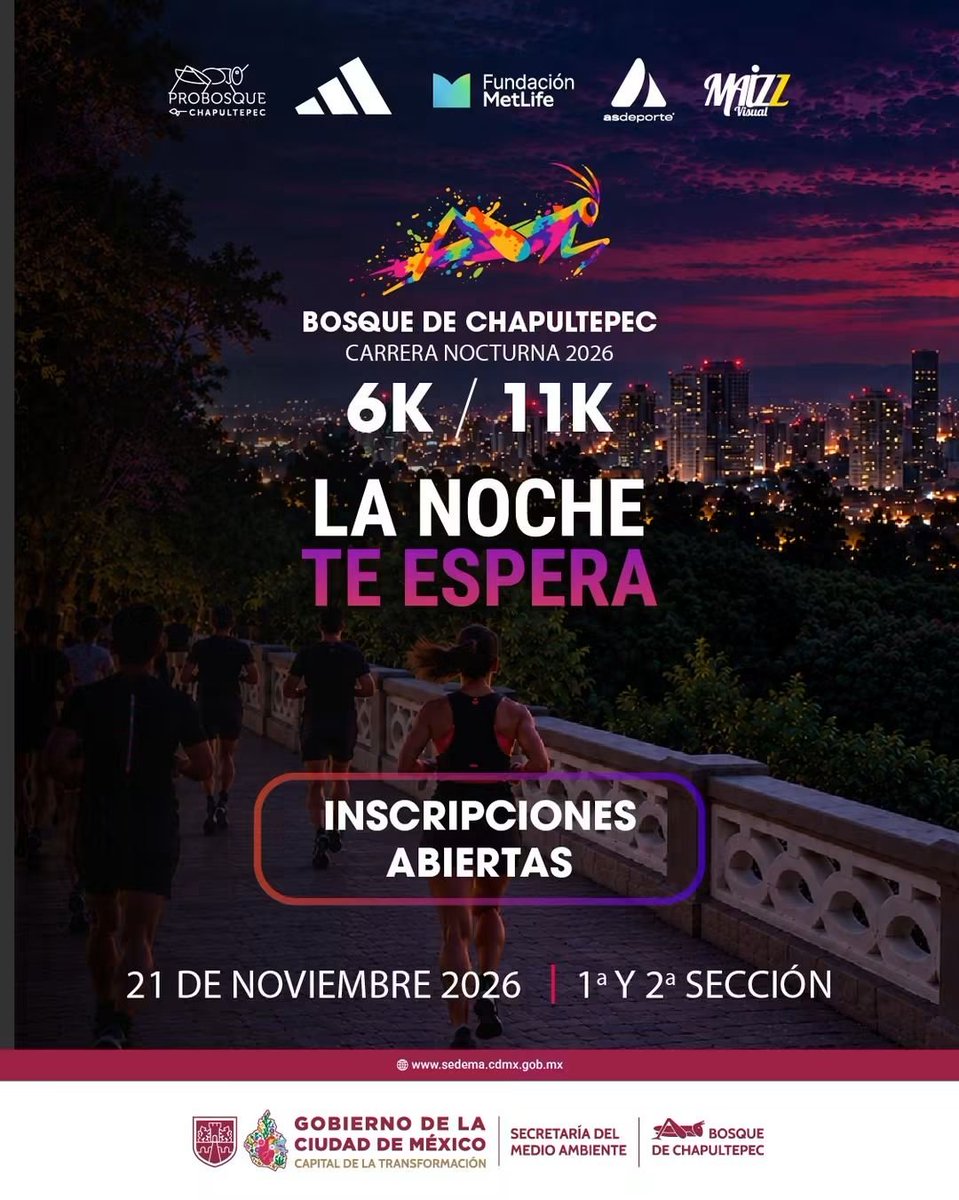 CdmxPilares's tweet photo. 🌙🏃‍♀️ ¡Corre de noche, conquista el Castillo y corre por una causa! 🌳
Este 21 de noviembre, vive la Carrera del Bosque de Chapultepec 2026 y disfruta de un recorrido nocturno entre naturaleza, historia y deporte. 🏰
👟 Elige tu reto: 6 u 11 km
📍 Salida y meta: Altar a la Patria, Primera Sección
⭐ NOTA: Cada paso contribuye a la rehabilitación del Orquidiario del Jardín Botánico, dedicado a conservar orquídeas nativas de México.
🏅 Inscripción: $750
Incluye playera, número con chip, medalla de finalista, abastecimiento y apoyo médico.
👟 Para personas de 15 años en adelante.
⏳Inscríbete hasta el 20 de noviembre a las 17:00 h o hasta agotar cupo (5,000 lugares)
🔗 Regístrate aquí:
https://t.co/coxukqlcPo
¡Ponte los tenis, etiqueta a tu compañero de carrera y corre por el deporte y la conservación de nuestra naturaleza!🏃‍♀️🏃🏻‍♂️🌿