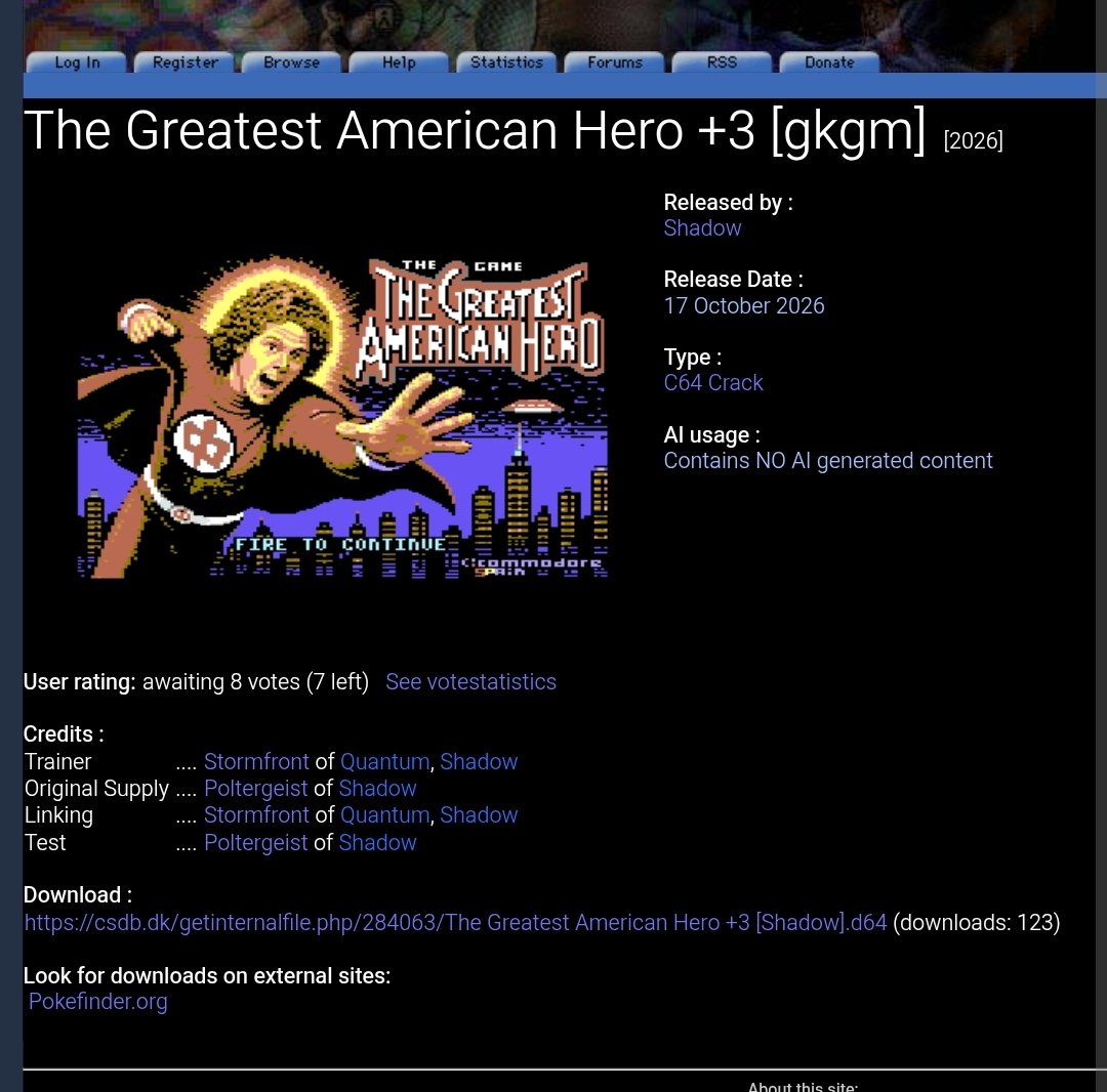 CommodoreSpain's tweet photo. Pues ya tengo otro juego en la "scene" de commodore de forma oficial. Ya lo han crackeado la gente de #csdb 😅😅🤪
#TheGreatestAmericanHero #commodore 

Csdb: https://t.co/q2gyx00AnQ

Juego oficial : https://t.co/unFDcsRmDh https://t.co/brjQtoNmGS
