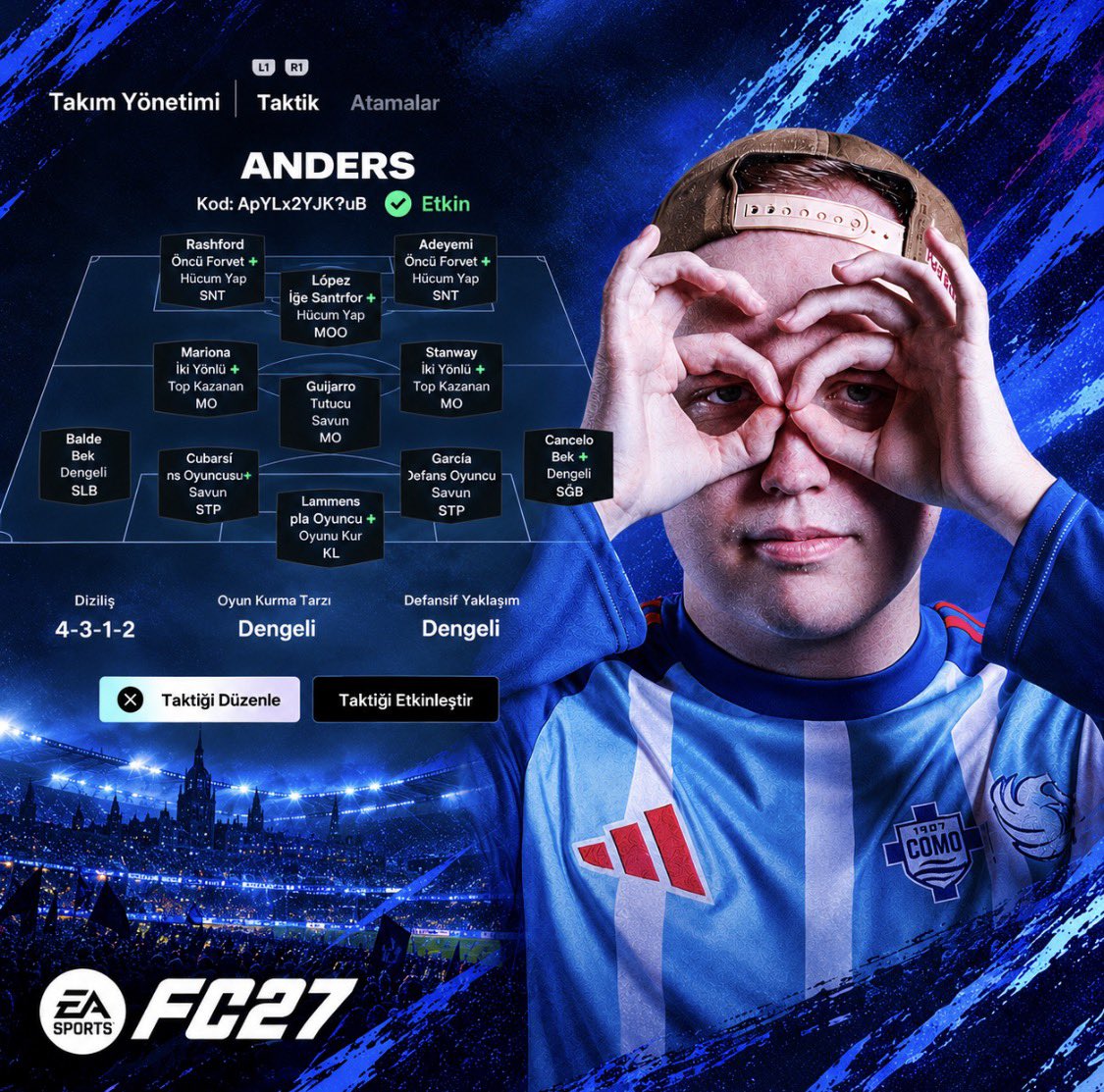 FutMerkez's tweet photo. 🚨Dünya 1 numarası Anders Vejrgang’ın FC27 taktiği! 🧠🔥
⚙️ 4-3-1-2 

| Dengeli oyun kurma | Dengeli savunma

📋 Taktik kodu: ApYLx2YJK?uB https://t.co/EUNfdYIKaD