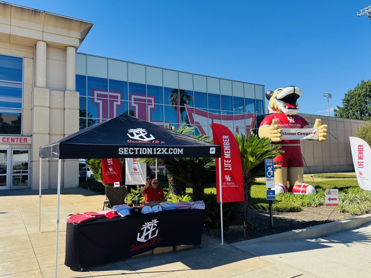 Section12X's tweet photo. It’s a great day for some Cougar football! 

Grab a couple friends and come stop by our tent in front of the Athletics Alumni Center to get your gear before the game! 

#GoCoogs https://t.co/vMaTXDa7M0