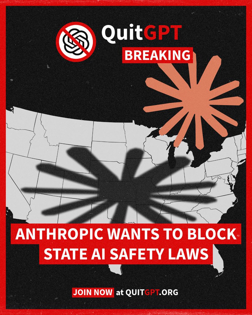 quitchatgpt's tweet photo. Anthropic is quietly lobbying Congress to ban all 50 states from regulating AI.

Source: Politico exclusive, "Anthropic quietly pitches its own AI safety bill to lawmakers." https://t.co/2rhHEiYbas