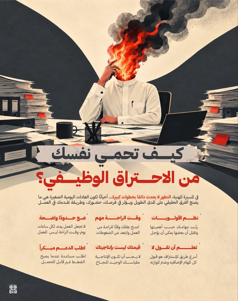 bahjahdes's tweet photo. الأحتراق الوظيفي نهاية كل شخص مجتهد قدم عمله ووقته وجهده على صحته ونفسه 

ولكن كيف تحمي نفسك من الأحتراق الوظيفي؟ 👀

#الصحة_النفسية https://t.co/oWWbruJuc1