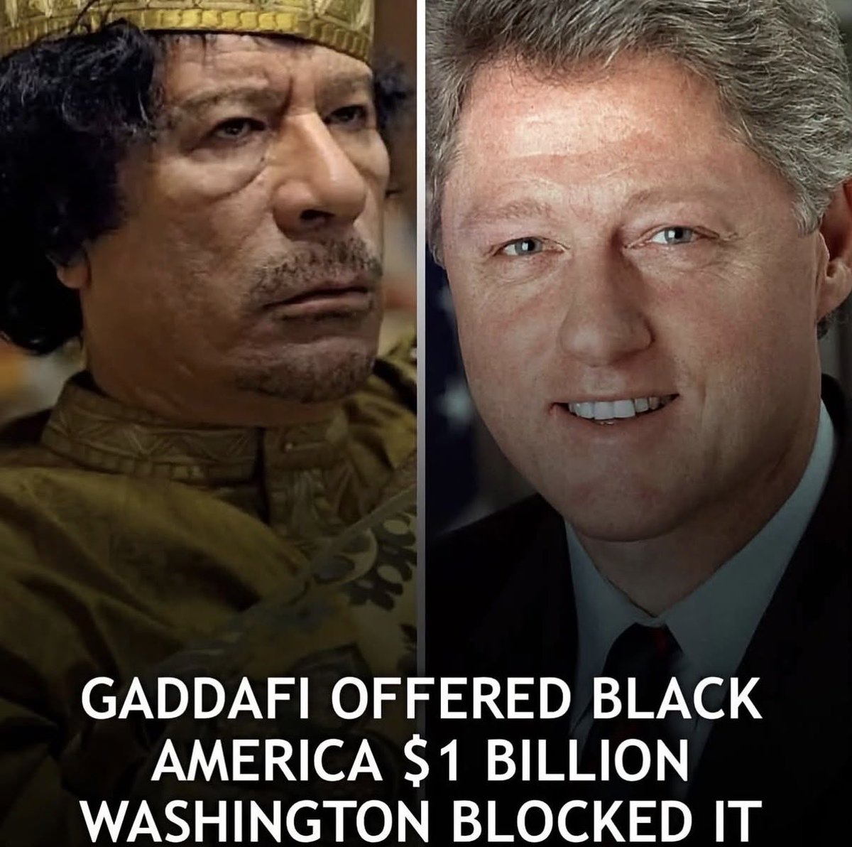 FlagBlack007's tweet photo. In 1996, a Libyan leader put one billion dollars on the table for Black America. Washington made sure it never reached them.
The offer came during Louis Farrakhan's visit to Tripoli in January 1996. Muammar Gaddafi pledged the money to the Nation of Islam for economic development-Black-owned banks, factories, housing, schools, hospitals. Not a loan. Not charity with strings. A gift from an African head of state to the descendants of enslaved Africans.
Farrakhan did everything by the book. He applied to the Treasury Department's Office of Foreign Assets Control for permission to accept the money. The Clinton administration denied it in August 1996. Libya was a state sponsor of terrorism. Sanctions barred the transaction. Case closed. Thoughts 💭 ⁉️