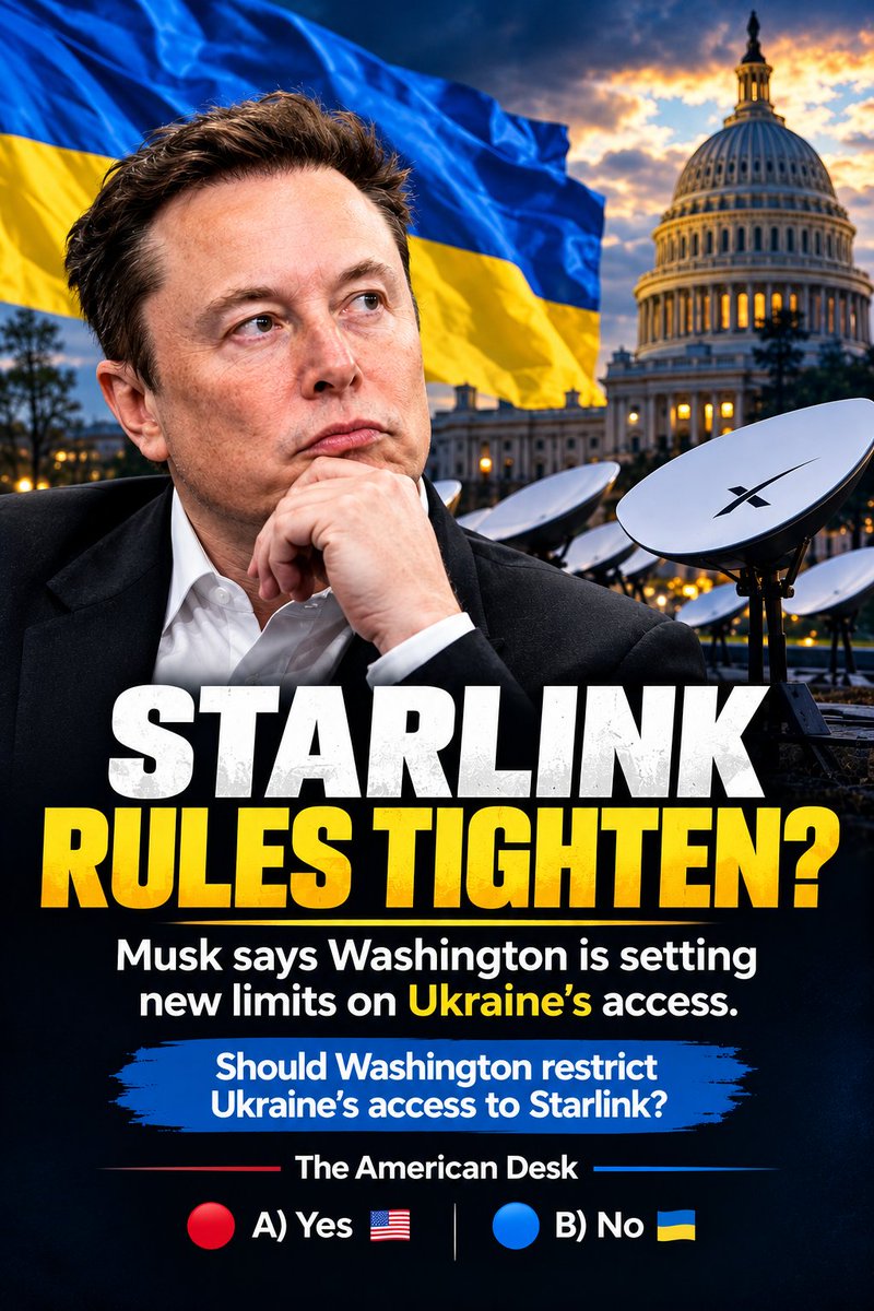 Capitol_Scope's tweet photo. 🇺🇸 SHOULD WASHINGTON RESTRICT UKRAINE’S STARLINK ACCESS?

Elon Musk says new limits are being set on Ukraine’s use of Starlink. Should the U.S. restrict access?

🔴 A) Yes 🇺🇸 
🟢 B) No 🇺🇦 https://t.co/DhiN3fL7B4