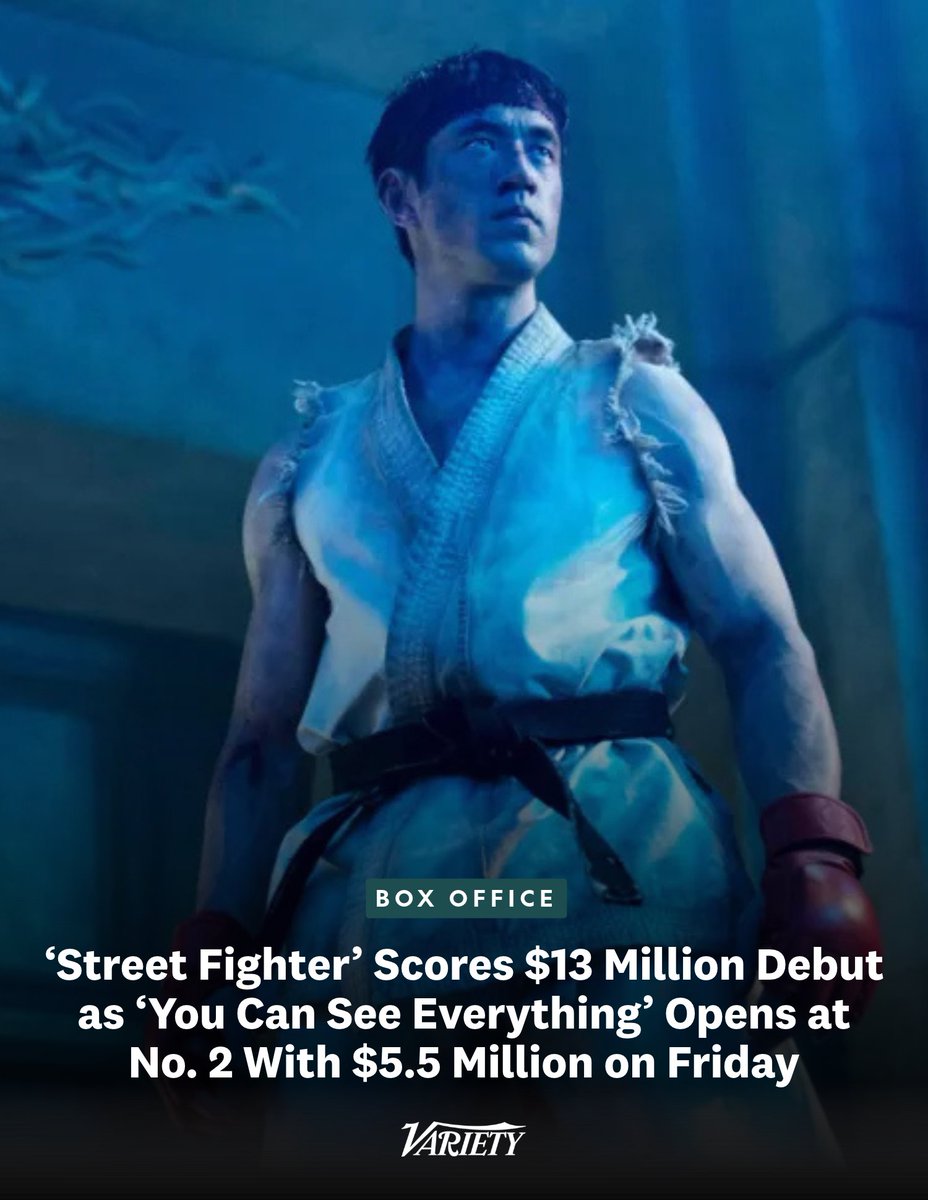 Variety's tweet photo. “Street Fighter” punched its way to the top of the box office in a new-release-filled weekend. 

The Paramount Pictures movie generated $13 million on Friday. 

https://t.co/KmUrJSnXIT https://t.co/FOBdV6PXuo