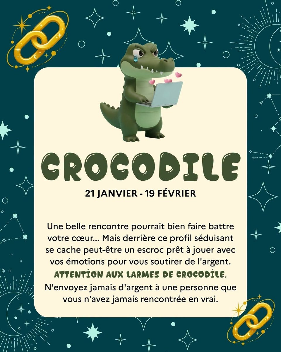 Prefet08's tweet photo. 🔐 #Cybermois | Jusqu’au 31 octobre, c’est le Cybermois !

Pour sa 14e édition, le Cybermois rappelle que la cybersécurité est l’affaire de tous. Quelques réflexes simples peuvent suffire à mieux protéger nos vies numériques.

🔮 À cette occasion, découvrez le « Cyberoscope » : à chaque animal son réflexe cyber, à adopter dès maintenant !

➡️ Un message ou un mail  trop beau pour être vrai ?  Méfiez-vous, c’est sûrement un piège.
➡️ Des mises à jour disponibles ?: faites-les sans attendre, elles permettent de corriger des failles de sécurité.
➡️ Ordinateur : ne le laissez pas sans surveillance et pensez à le verrouiller-le dès que vous vous absentez. 
➡️ Une rencontre en ligne ? : n’envoyez jamais d’argent à une personne que vous n’avez jamais rencontrée dans la vie réelle. 

👀  Rendez-vous la semaine prochaine pour découvrir la suite du Cyberoscope !

Se CyberProtéger, ce n’est pas si bête.

Plus d’informations : https://t.co/q5HLSJt3u3
                                                                                 
#CyberEngagés #Cybersécurité