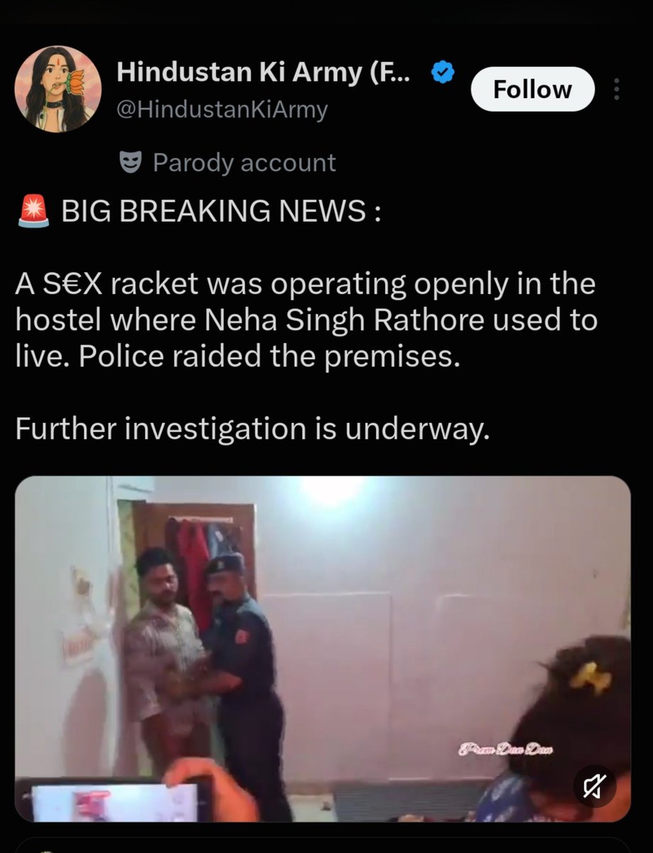 zoo_bear's tweet photo. A right wing account uses an old unrelated (raid of a spa centre) video from 2024 falsely claiming Sex Racket was operating in the hostel where Neha Singh Rathore lived. 
The same video with false claim was shared by @ABPNews using  @nehafolksinger image. https://t.co/P5SUFgmx45