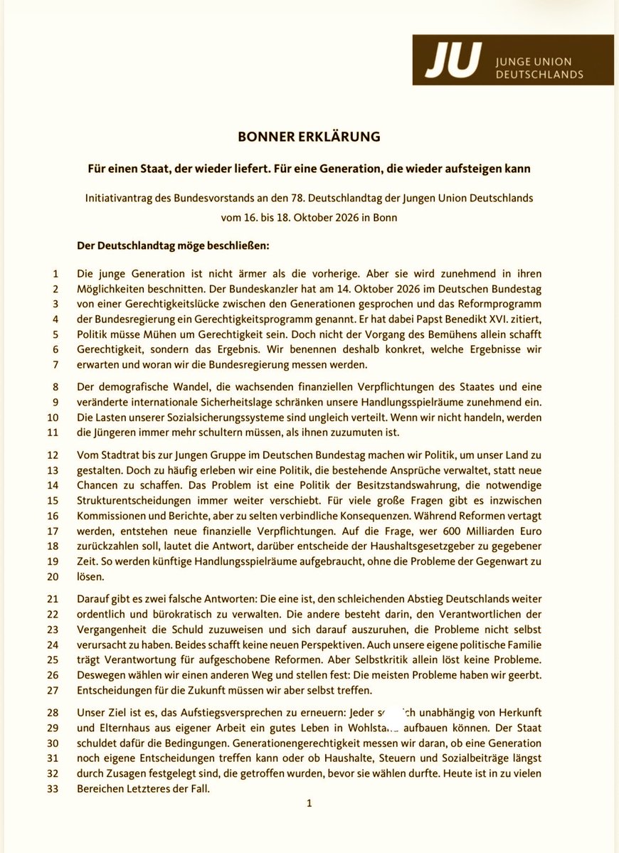 R_Buchsteiner's tweet photo. Interessante Punkte in der Bonner Erklärung der Jungen Union:

🔴Sozialabgaben runter auf 40 Prozent max
🔴Verzicht auf kurzfristige Steuerentlastungen
🔴Keine Ausweitung der Mütterrente
🔴Stromsteuersenkung bei Extra-Einnahmen durch Wachstum
🔴Verbindlicher Reformplan bis 12/26 https://t.co/8cTLzZsdX3