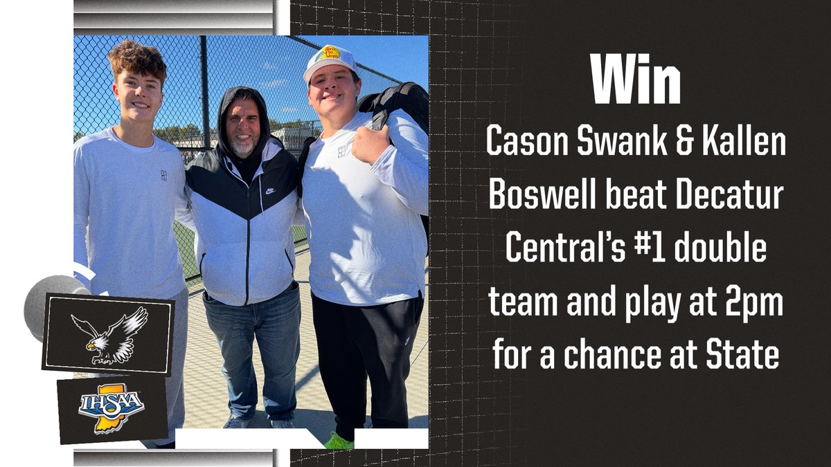 AustinAthl77418's tweet photo. 🎾 Cason Swank &amp; Kallen Boswell  defeated Decatur Central's #1 doubles team and play at 2pm for a shot at going to State. #GoEagles 🦅

@MSConference @newstribscores @KevinHarris_IU
@joshcookNT https://t.co/LYzOvRFHxW