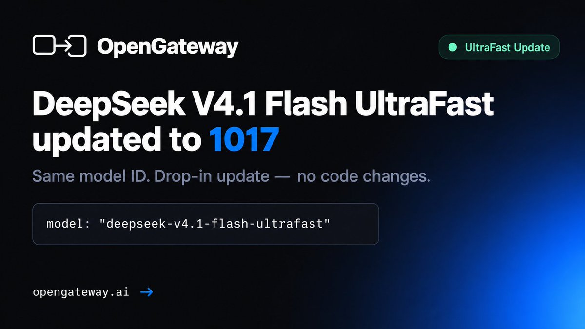 OpenGatewayai's tweet photo. DeepSeek V4.1 Flash UltraFast is now on the 1017 update.
Same model ID, no code changes. Weekends 90% off through Oct 31 (KST).

DeepSeek V4.1 Flash UltraFast 1017 버전 업데이트
모델 ID 그대로, 코드 수정 없이 바로 적용

https://t.co/pQg3LAu7gg https://t.co/MWhwAq5EU5