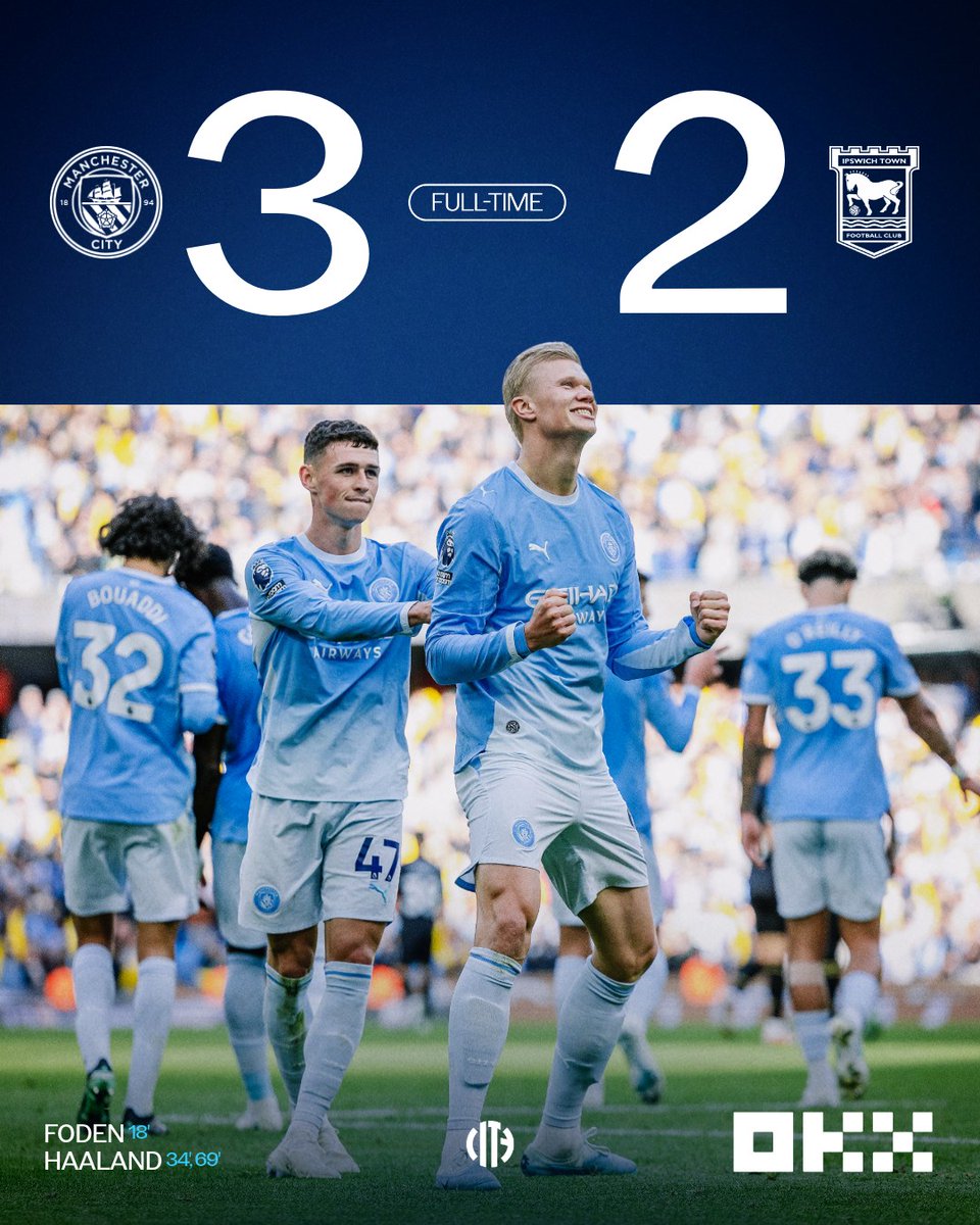 ManCity's tweet photo. Three more points secured! 💪

🩵 3-2 🚜 @okx https://t.co/jrn8c0Aa2M