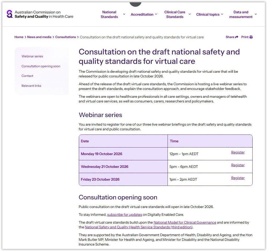 ParamedProf's tweet photo. Virtual care standards. The #ACSQHC is hosting a series of live #webinars ahead of the release of the draft #virtual #care #standards for public consultation. The Observer reported on these developments earlier https://t.co/15vnxa98eI
Consultation page: https://t.co/dqmC9QZbJ1 https://t.co/NyEcSCKuKp
