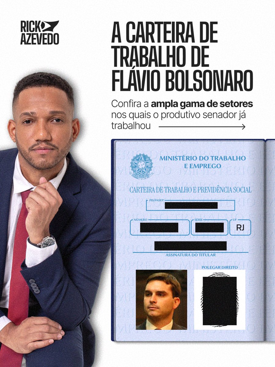 rickazzevedo's tweet photo. 🚨EXPLODAM: A carteira de trabalho de Flávio Bolsonaro. 

Quem nunca trabalhou vai defender trabalhador como? https://t.co/wBOSIYUjDf