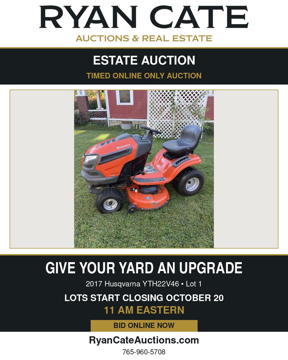 ryancateauction's tweet photo. BID NOW! This 2017 Husqvarna YTH22V46 lawn tractor is ready for your bid. Check out Lot 1.

Lots start closing October 20 at 11 AM Eastern.

https://t.co/NHfTh6ptuq

#RyanCateAuctions #Husqvarna #LawnTractor #OnlineAuction https://t.co/OxvwTZWrtf