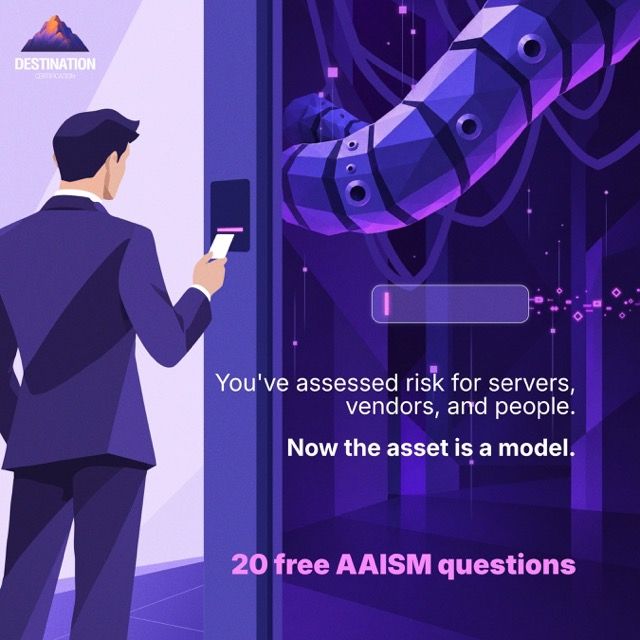 destcert's tweet photo. Active CISSP or CISM? You're eligible for AAISM.

Eligible and ready are different things.

Your credential covers governance and risk. It doesn't cover what changes when the asset is a model and the prompt is attack surface.

20 questions, 30 minutes: https://t.co/h4fedZsK8K https://t.co/GATDOwOYaI