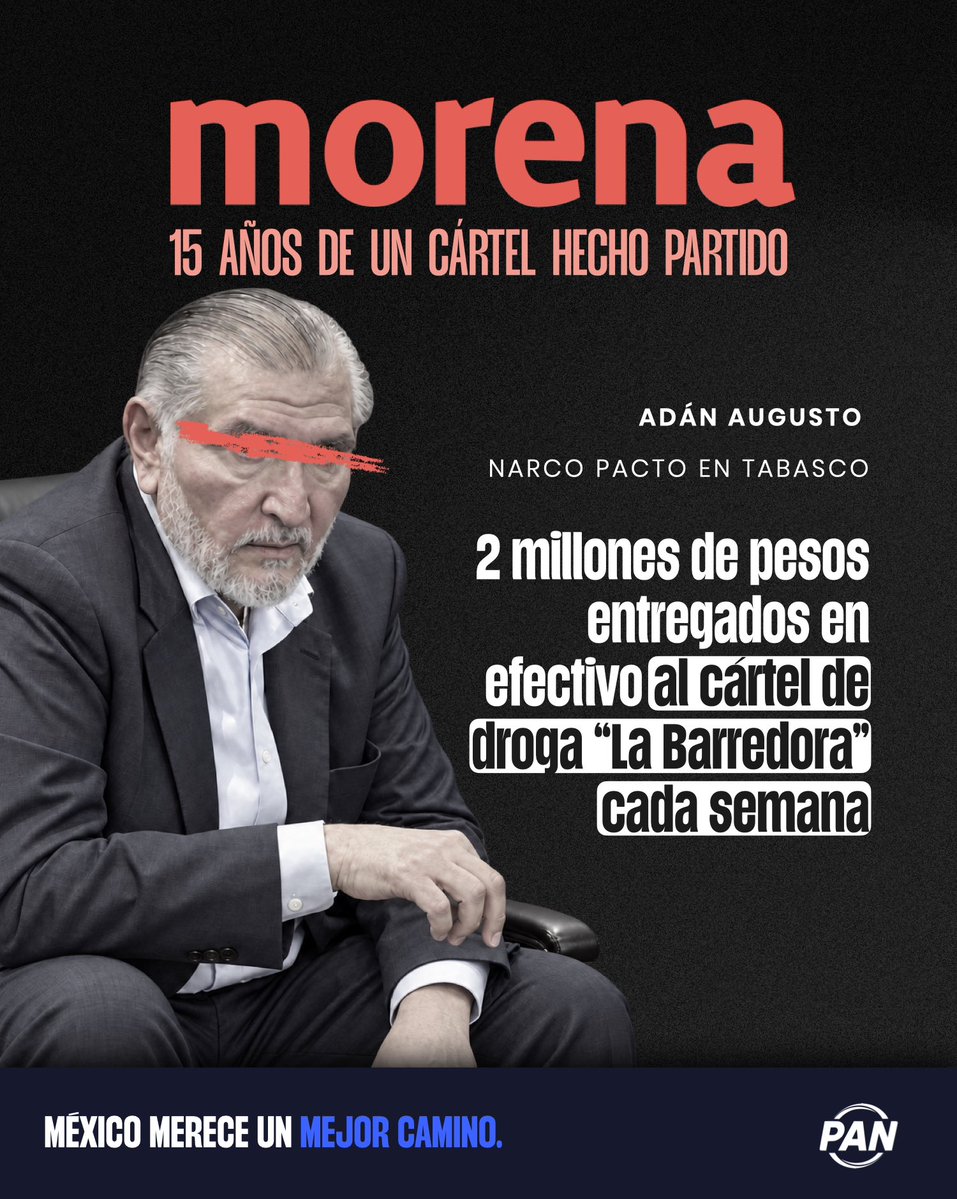 AccionNacional's tweet photo. En Tabasco, los señalamientos sobre pagos semanales al grupo criminal “La Barredora” exhiben lo más grave de Morena: mientras prometían transformar al país, presuntamente permitieron que el crimen organizado ganara territorio, dinero y control.

Morena pactó con cárteles y las familias están pagando las consecuencias: miedo en las calles, violencia y abandono.

Ya basta. ¡Únete al despertar ciudadano!