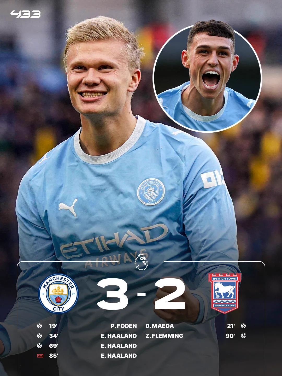 Manchester City 3-2 Ipswich | Premier League