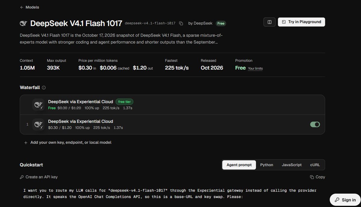 WojakTheDev's tweet photo. DeepSeek V4.1 Flash 1017 is free 🔥

- 1.05M context window
- up to 393K output tokens

try it here: https://t.co/oiz7CA04YR https://t.co/RpTFIteBfd