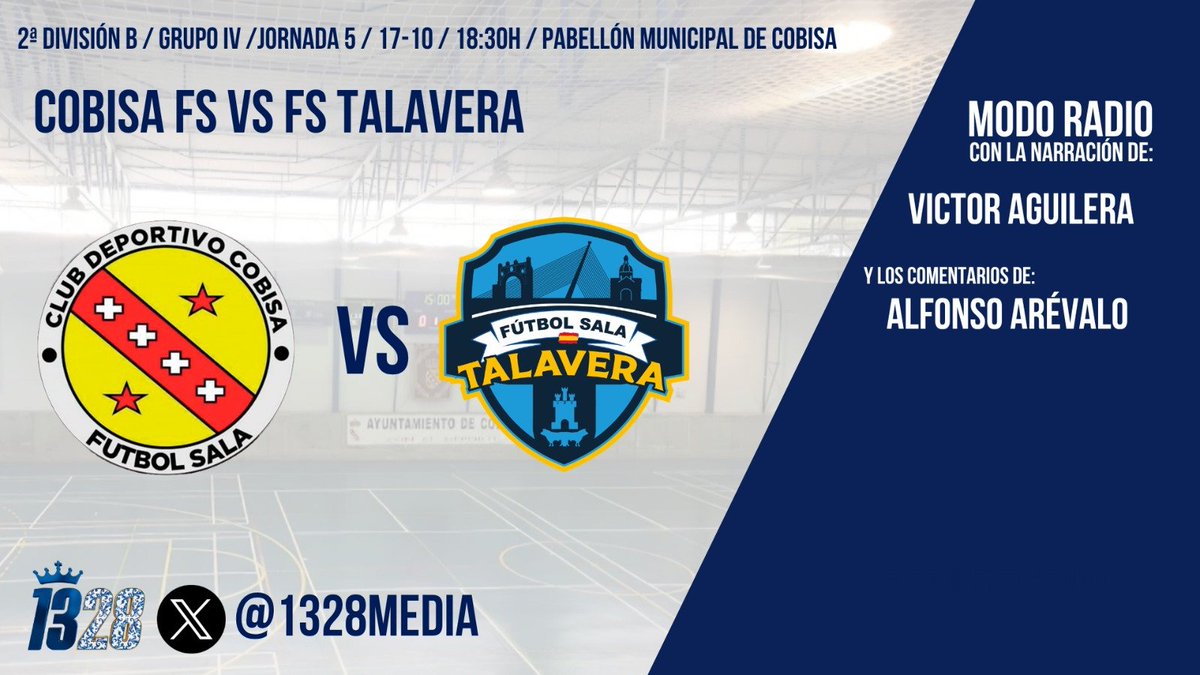 1328Media's tweet photo. Ey ey, que no nos hemos olvidado! Hoy toca tarde de fútbol sala. 

Todo listo ya en el Polideportivo Municipal de Cobisa, para vivir una aut��ntica tarde de derbi desde las 18:30 Horas.

@cdecobisafs VS @FS_Talavera 

Hoy con:
🎙 @Alfonso_ArSan 
🎙 @Victor_FST https://t.co/NJTdHMQSAN