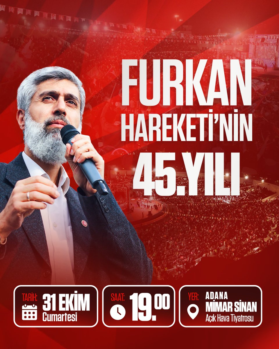 oncuneslinhcs's tweet photo. FURKAN HAREKETİ'NİN 45. YILI!

📅 31 Ekim Cumartesi
🕖 19.00 
📍Adana Mimar Sinan Açık Hava Tiyatrosu 

FurkanHareketi TekYürek
#AdanadaBüyükBuluşma https://t.co/KDDeSNfUZf