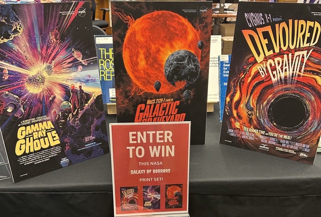 CAStateLibrary's tweet photo. Today at the #SacramentoArchivesCrawl, enter a drawing to win these three spook-tacular posters from NASA/JPL-Caltech’s “Galaxy of Horrors” series! https://t.co/zzkcpIRC90