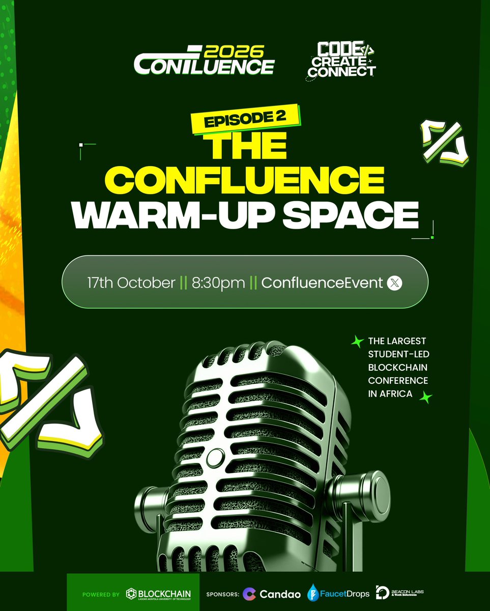 ConfluenceEvent's tweet photo. Happy grass-touching day!

Hope your weekend has been going great.

A quick reminder that Episode 2 of the Confluence Warm-Up Space goes live tonight at 8:30 PM WAT.

🕣 8:30 PM WAT
𝕏 @ConfluenceEvent

The Space link will be shared in the comments.

Set your reminders. Can’t wait to see you tonight.

#Confluence2026