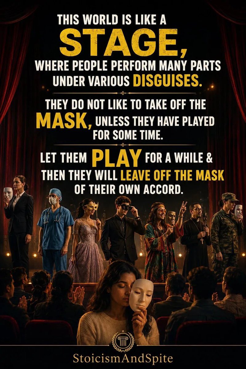 TheRisenSoul's tweet photo. This world is like a #Stage, where people play many roles, under various #Disguises ๐ญ
They do not like to take off their #Mask ๐ญ unless they have played their part for some timeโณ
Let them #Play for a while, and eventually, they will #Leave off the mask of their own accordโจ https://t.co/qpqv2vgbMU