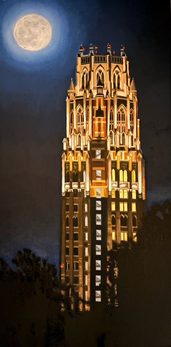 JohnCowdenMI's tweet photo. I just finished this 12”x 24” oil painting of Zeppos Tower on the campus of Vanderbilt University. I painted this from a photograph I took last year on a full moon night. I’m titling this one “Moon Tower” #oilpainting https://t.co/08vCjZ4VOA